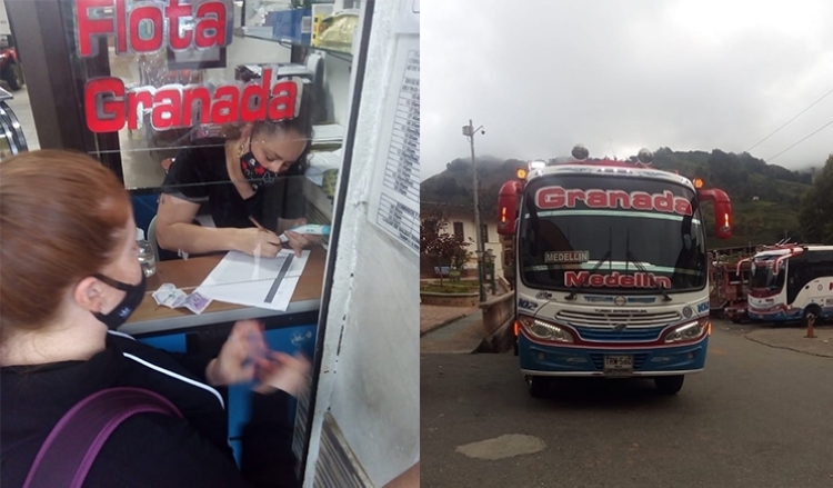 Taquilla y bus de la empresa Flota Granada tras la reactivación del transporte de pasajeros